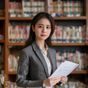 林晓薇，探花小说内容总监，年轻女性，眼神专注而温和，手持书稿，背景为整齐排列的书架，展现出对文学内容的热爱与专业素养